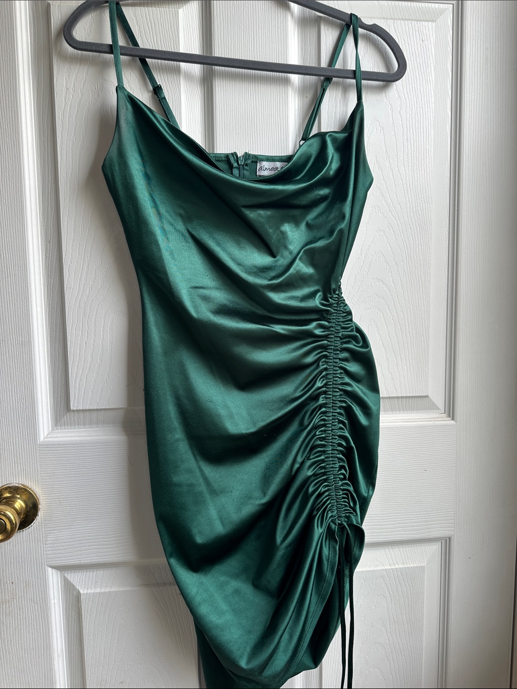 Almost Famous Emerald Green Satin Ruched Slip Dress